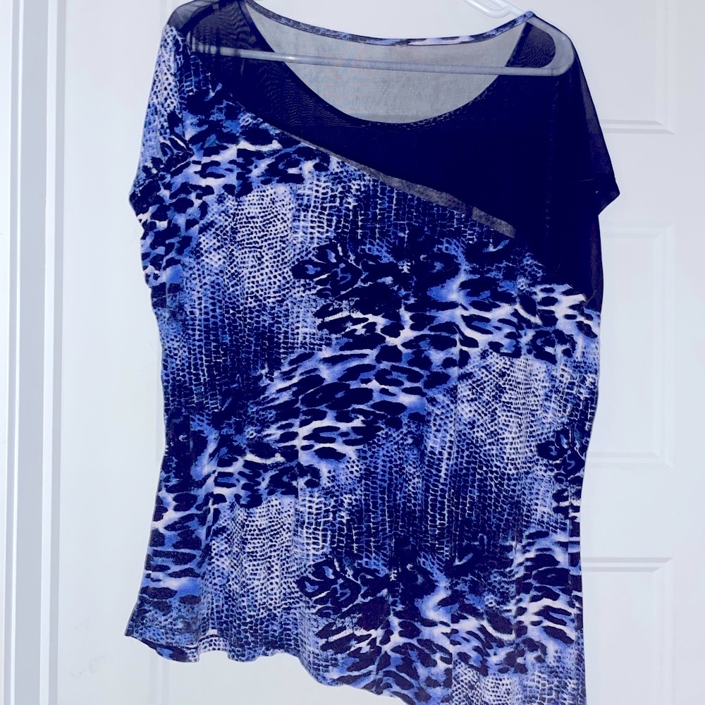 Blue Animal print asymmetrical top with black sheer for women 2X - Picture 6 of 8